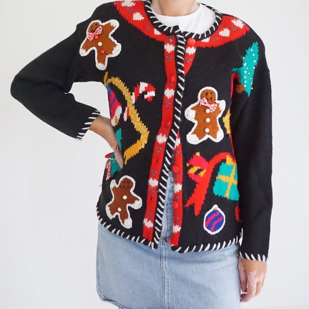 VTG Spice of Life Black Holiday Gingerbread Cardigan Cotton Festive Grandma S/P